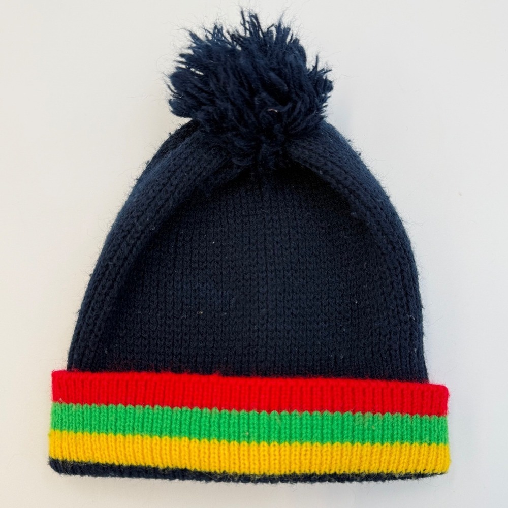 Vintage Knit Pom Beanie Toddler Size, Navy Stripe Winter Hat 7x8 Inch Cozy‎ Cap